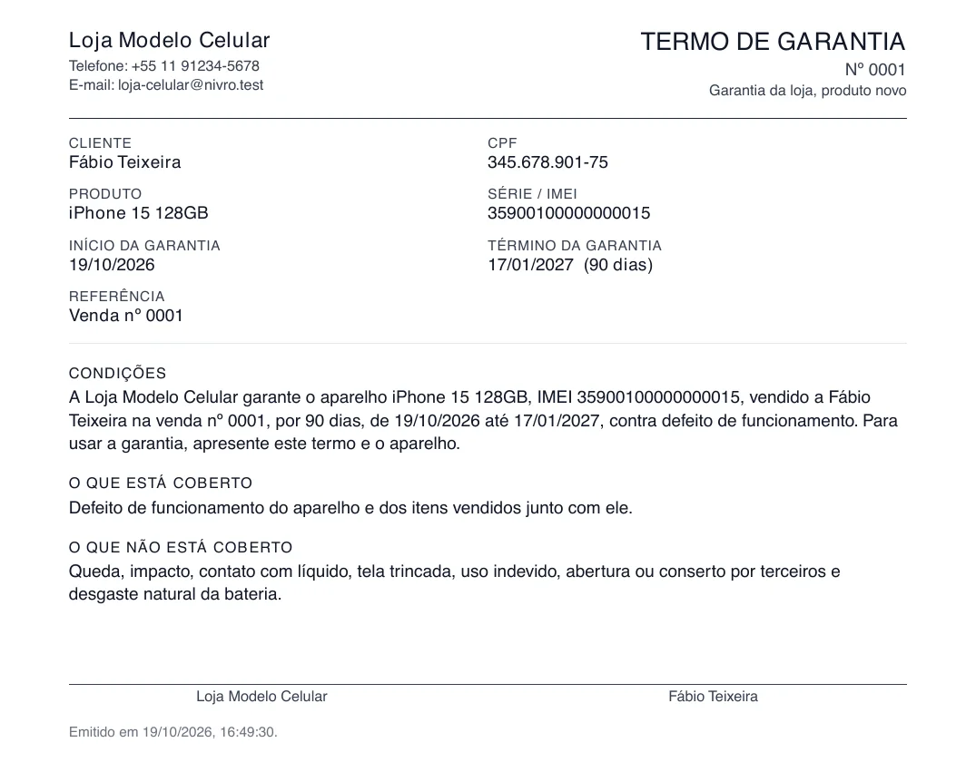 Termo de garantia em PDF: loja, cliente, produto iPhone 15 128GB, IMEI, início e término da garantia de 90 dias, condições, o que está coberto e o que não está.
