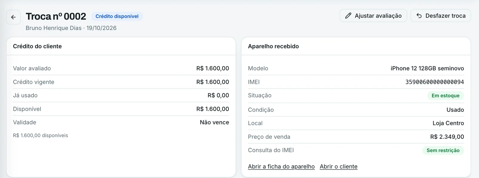 Ficha da troca nº 0002: valor avaliado R$ 1.600,00, crédito vigente R$ 1.600,00, já usado R$ 0,00 e disponível R$ 1.600,00, validade Não vence; ao lado o aparelho recebido, um iPhone 12 128GB seminovo em estoque, com consulta do IMEI sem restrição.