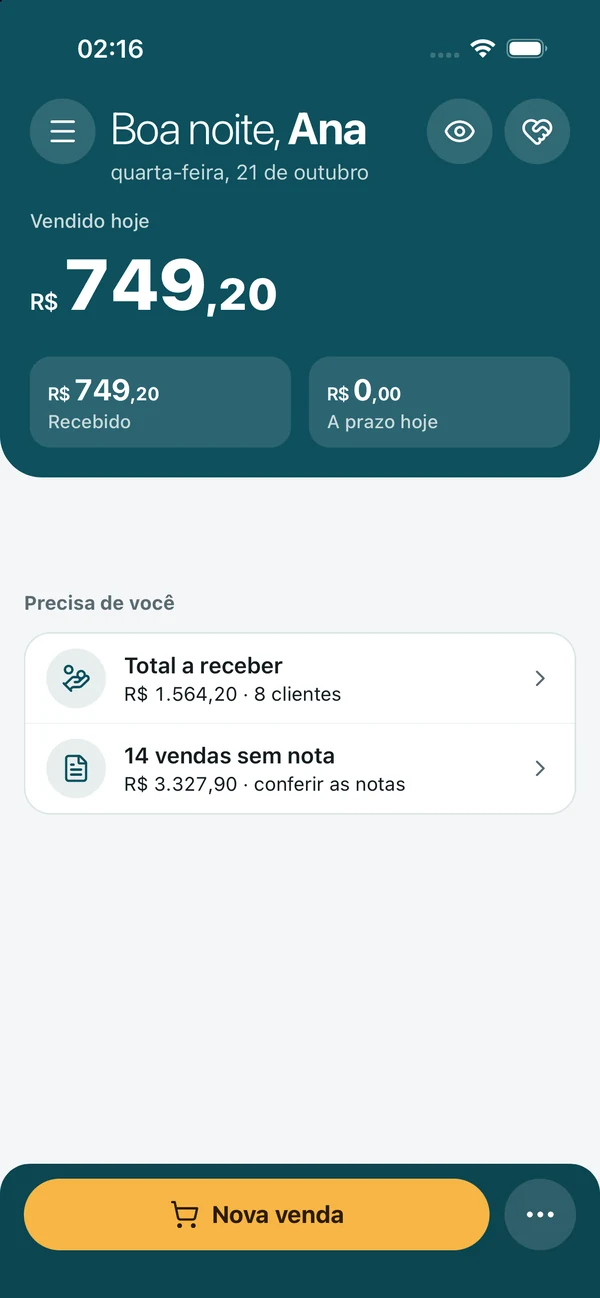 Início do app do Nivro: vendido hoje, recebido, a prazo e o que precisa de você.