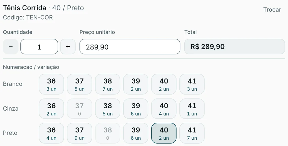 Tela de venda do Nivro com o aviso de falta de conexão no topo: o item Tênis Corrida, tamanho 40 preto, com a grade de tamanhos por cor e o saldo de cada combinação. O 38 preto e o 37 cinza aparecem apagados, com saldo zero.